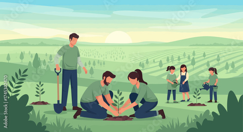 Family Together Planting Sapling In Verdant Landscape Illustration