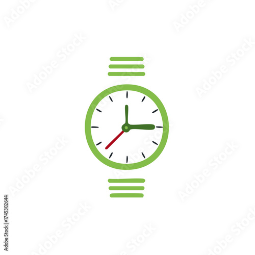 Green wristwatch illustration with red hand and dots clock face design, representing time.