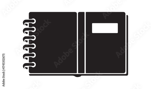 Black and white illustration of an open spiral notebook