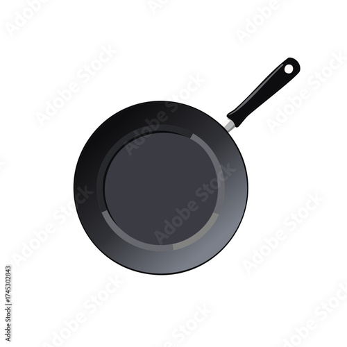 Top view of an empty black non-stick frying pan with a handle, a vector illustration of kitchen cookware