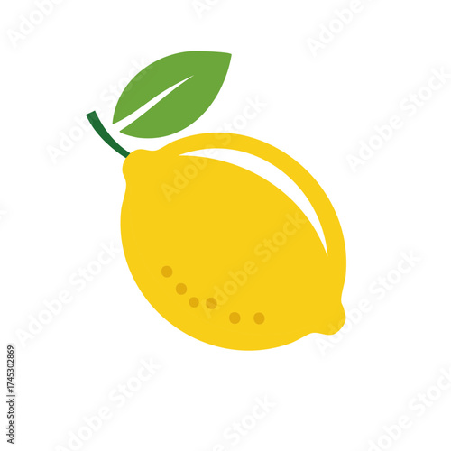 Stylized yellow lemon with a green leaf and stem on a white background
