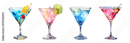 Watercolor cocktails in martini glasses. Glass glasses with various trendy cocktails. Alcoholic bar drinks. Elements for drinks and parties. Celebrations etc.