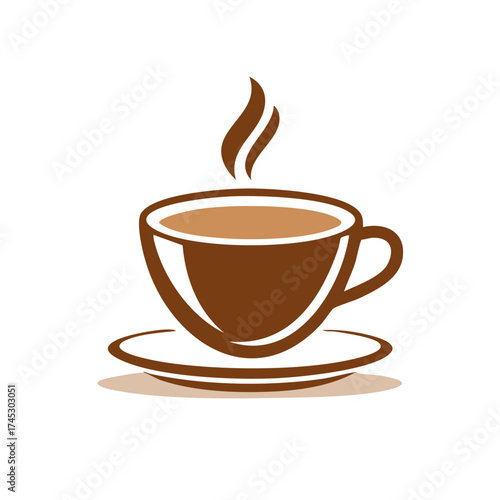 Simple vector illustration of a steaming hot coffee cup and saucer icon