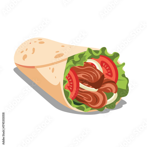 A delicious meat and vegetable wrap served with fresh lettuce tomato and onion.