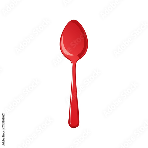 Single glossy red spoon vector illustration of a common kitchen or dining utensil