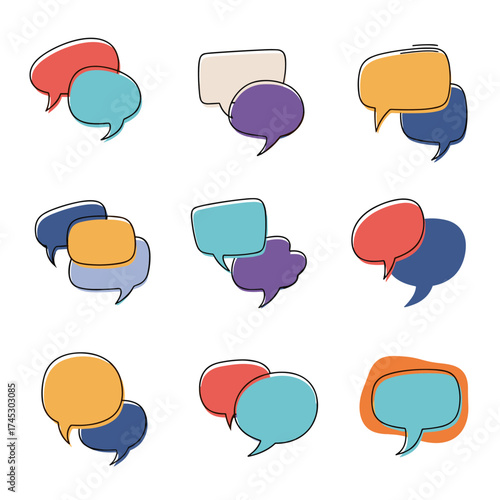 Collection of colorful hand-drawn speech bubbles for communication and ideas.