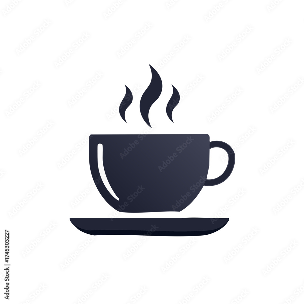 Obraz premium Stylized dark blue coffee cup and saucer with rising steam illustration