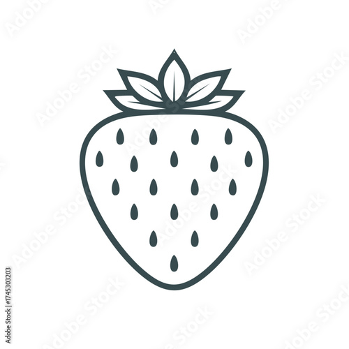 Strawberry fruit icon outline with leaves and seeds; minimalist style design.