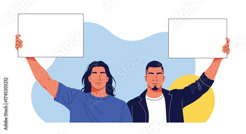 Two men stand with outstretched arms holding blank signs.