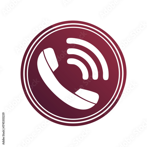 Circular maroon call icon with white phone receiver and waves for communication