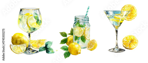 Watercolor set of lemon drinks. Glass glasses of limoncello and lemon cocktails. Glasses with alcoholic drinks and lemon slices. Vector illustration.