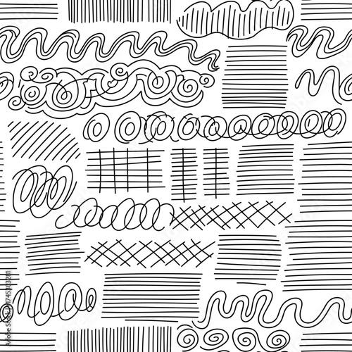 A seamless pattern composed of various hand drawn linear textures and doodle designs for creative projects.