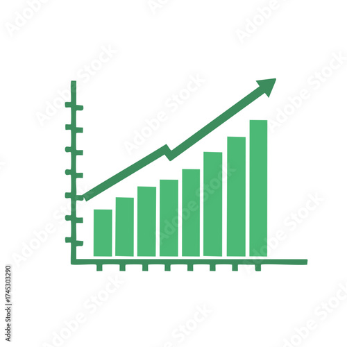 Green rising bar chart and arrow icon. Simple sketch of business growth and success.