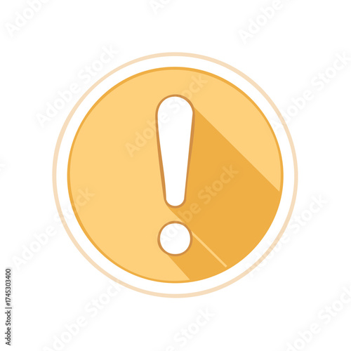 Flat design exclamation mark icon with long shadow. Yellow circular warning, alert, and caution symbol.