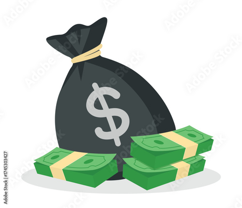 Vector illustration of a bag of money. Clipart on the theme of wealth, finance, savings, and investment. Isolated on white background