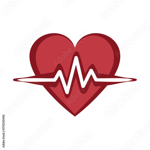 Red heart illustration with a white heartbeat line for medical, health and wellness concepts.
