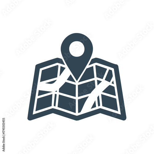 Folded paper map with pin pointer, showing navigation and location for travel and business in single vector image