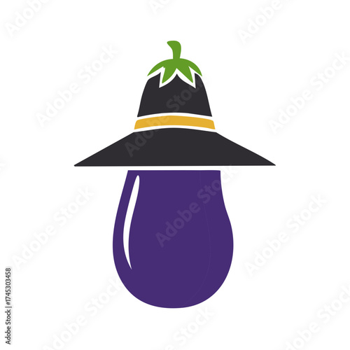 Stylized Eggplant with Witch Hat Illustration Food Vegetable Halloween
