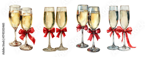 Watercolor set of champagne glasses. Champagne glasses decorated with red bows. Festive Christmas drinks. alcoholic and low-alcohol carbonated drinks.