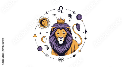 The majestic lion adorned with a regal crown surrounded by celestial bodies and astrological symbols.