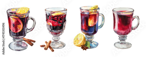 Set of watercolor glasses with mulled wine. Hot drink with red wine, cinnamon and apelin. Winter alcoholic drinks. Christmas and winter cocktails.