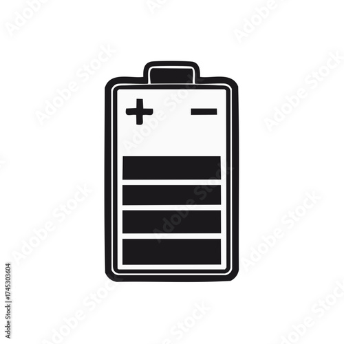 Vector icon of a fully charged battery, a simple black and white symbol for power, energy, and electricity