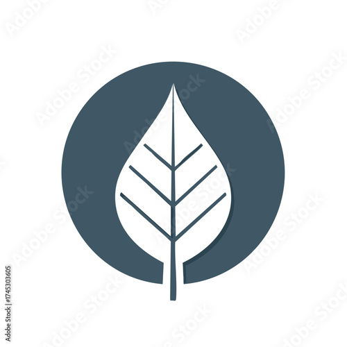 Stylized Leaf Icon in Circle, White Leaf Silhouette on Dark Green Round Shape