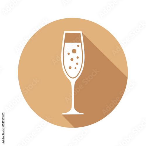 Elegant Champagne Flute Icon with Bubbles, Celebratory Drink Flat Design on Circle Background