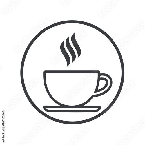 Hot beverage icon with steaming cup of coffee or tea in a circle