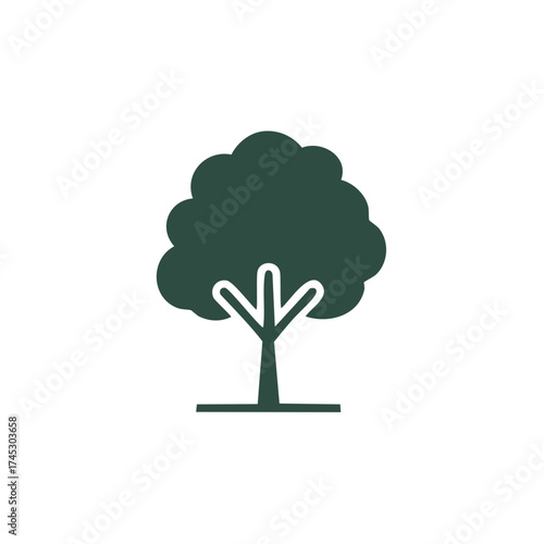 Stylized Green Tree Silhouette: Single Trunk with Round Canopy in Minimalist Design; Isolated Vector Icon