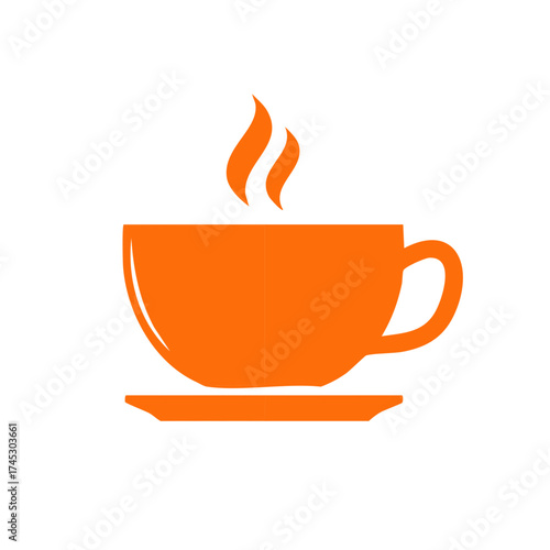Steaming orange teacup with saucer illustration isolated on white background, refreshment and break time concept