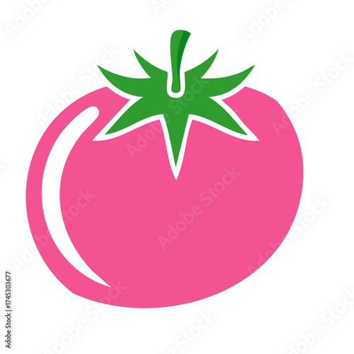 Bright pink tomato illustration with green stem. Vector illustration of healthy fruit.