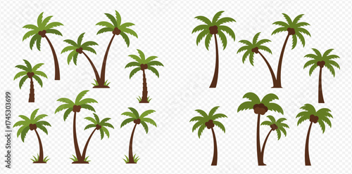 Collection of cartoon palm trees with green fronds and brown trunks, featuring various shapes and sizes on a transparent background.