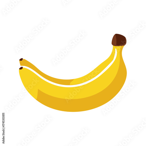 Stylized yellow banana fruit with a curved shape and a brown tip, tropical single graphic