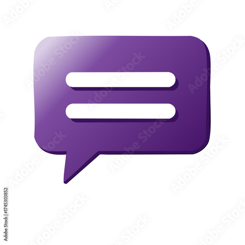 Purple Speech Bubble Icon with Two Horizontal Lines and 3D Effect