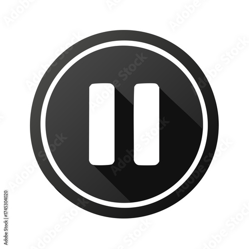 Black pause button icon with modern flat design and long shadow for media control application