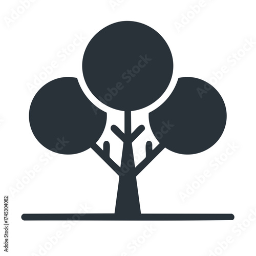 Clean dark tree icon with three circular tops and a simple trunk for nature, park, and environmental design.