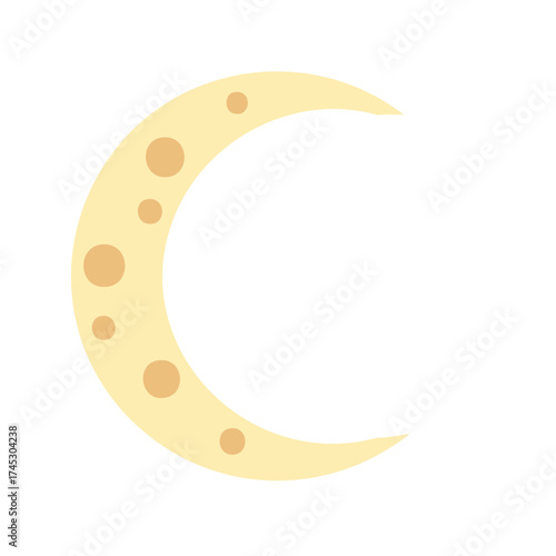 Cartoon crescent moon with abstract spotted design, celestial theme.