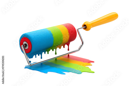 Rainbow paint roller dripping colorful paint isolated on transparent background