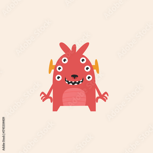 Cartoon illustration of a friendly red monster with multiple eyes, small teeth, and yellow ears, standing on a light background.