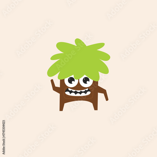 Cartoon illustration of a cute, friendly monster with a brown body, green hair, big eyes, and a toothy smile, waving its arm.