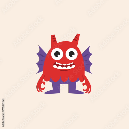 Cartoon illustration of a friendly red monster with purple wings, horns, and feet, smiling with big eyes.