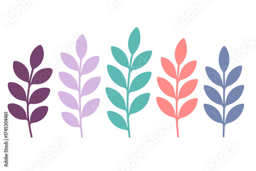 Five decorative sprigs with leaves arranged in a row featuring muted and pastel colors
