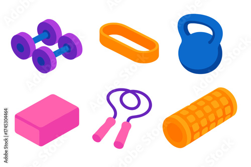 Isometric set of colorful fitness and workout equipment including dumbbells, kettlebell, jump rope, yoga block, and foam roller
