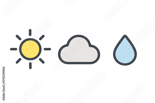 Set of simple outline weather forecast symbols including sun, cloud, and rain