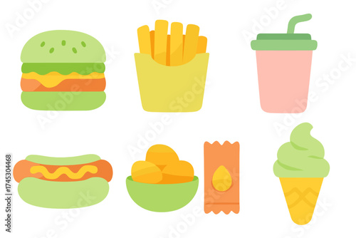 Colorful set of popular fast food items including hamburger, french fries, soda, hot dog, and ice cream