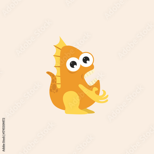 Cartoon illustration of a surprised, orange monster with big eyes, sharp teeth, and small arms.