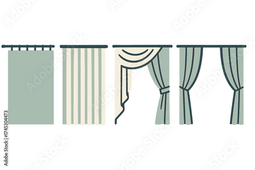 Set of various window curtains and drapes styles: solid, striped, tied back, and swag designs