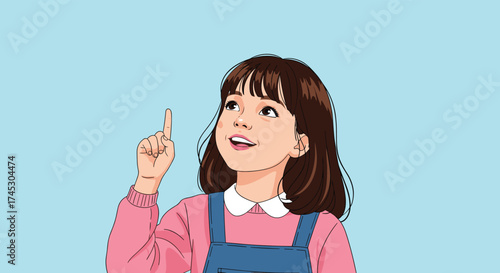 A young girl looks up with her finger raised in a clear sky.