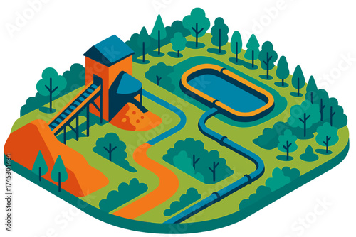 Industrial processing facility with conveyor system and water reservoir in a natural green environment
